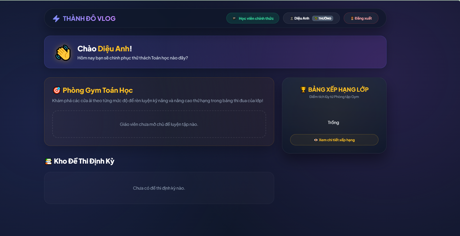 Giao diện học sinh thi toán online và bảng xếp hạng thi đua trong lớp